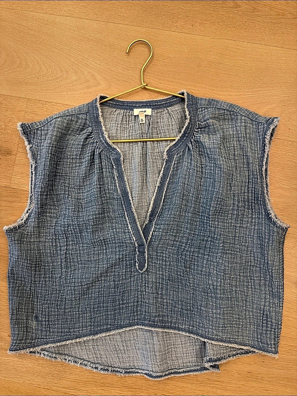 Aerie Poolside Pool to Party Blue Crinkle Cotton Gauze Frayed Hem Tank Gauze